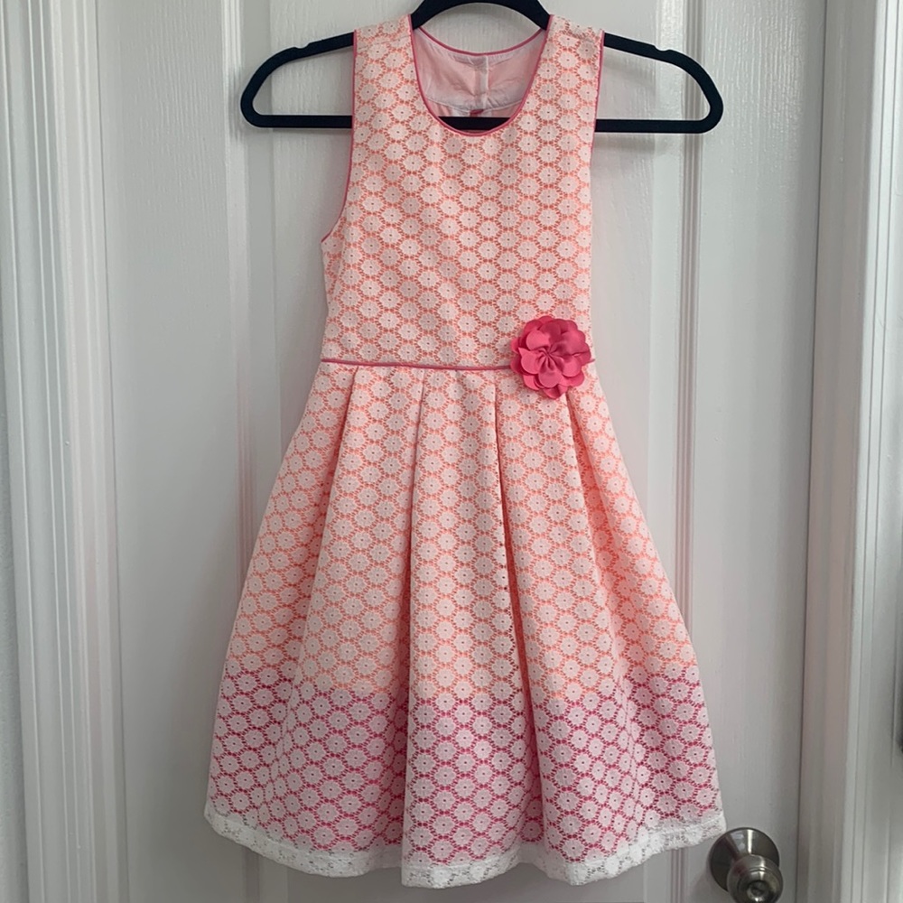 Girls Size 7 Dress, Coral, Pink & White Floral Lace Dress with Flower Detail
